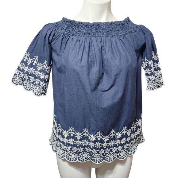 Abercrombie & Fitch vintage eyelet of shoulder top navy white small - Picture 3 of 10